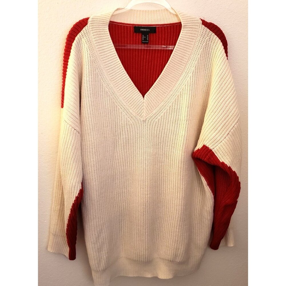 Forever 21 Plus Red and Cream Oversize Shaker Knit Sweater fits up to 2X EUC
